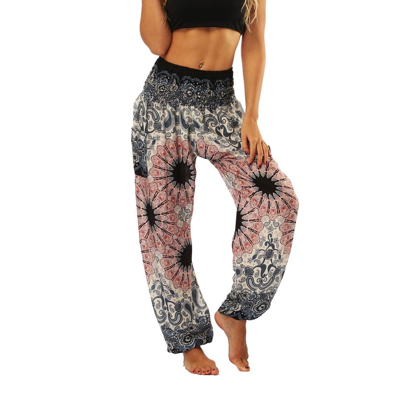 Lu's Chic Women's Boho Pants Harem Smocked Waist Yoga Hippie Palazzo Summer Beach Pants Pattern10 One Size - Image 1